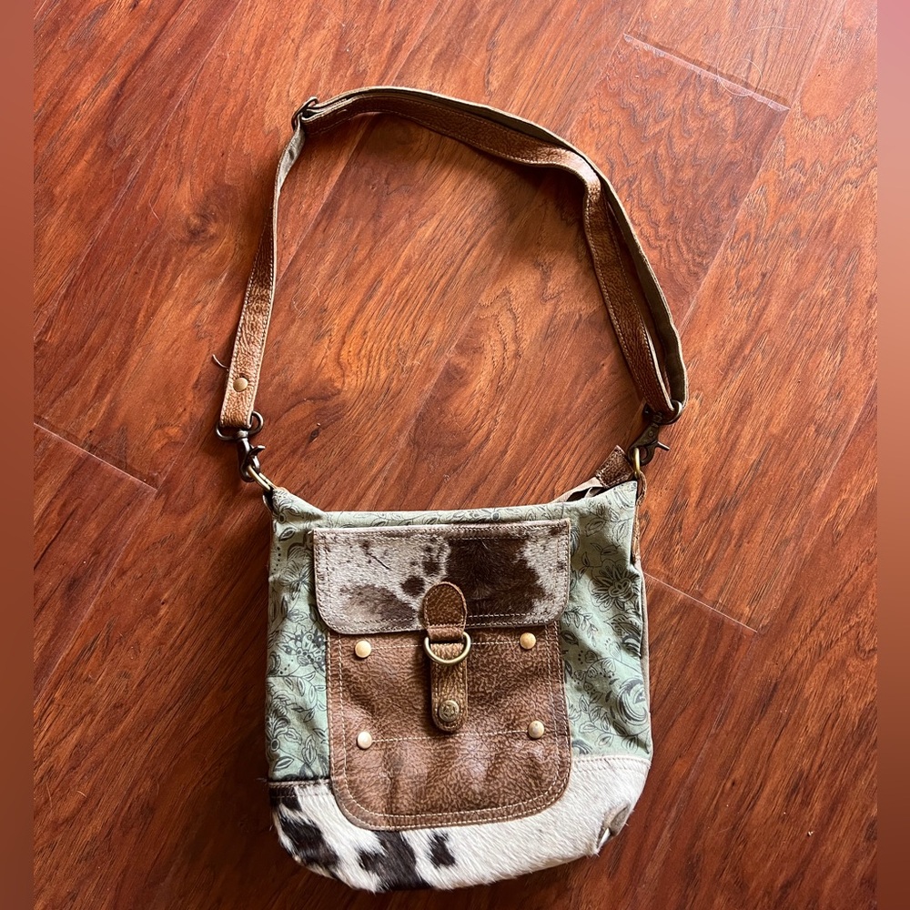 Preowned Myra upcycled crossbody bag leather canvas cowhide well loved some wear